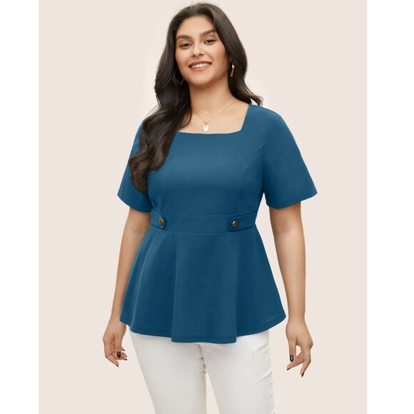 BLOOMCHIC Square Neck Waist Tab Gathered Blouse in Cerulean Size 18-20 NWT - Picture 1 of 13